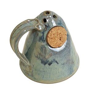 Vintage Dick Lehman Handmade Pottery Sugar Cheese Shaker Cork Handle Blue Glaze
